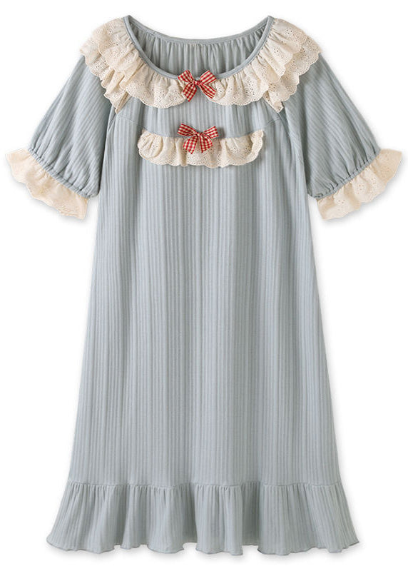 Boutique Blue O-neck Striped Bow Patchwork Cotton Long Dress Summer