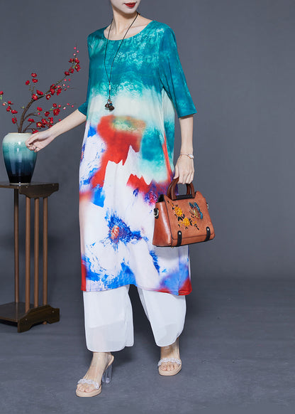 Boutique Blue O-neck Tie Dye Silk Long Dress Half Sleeve