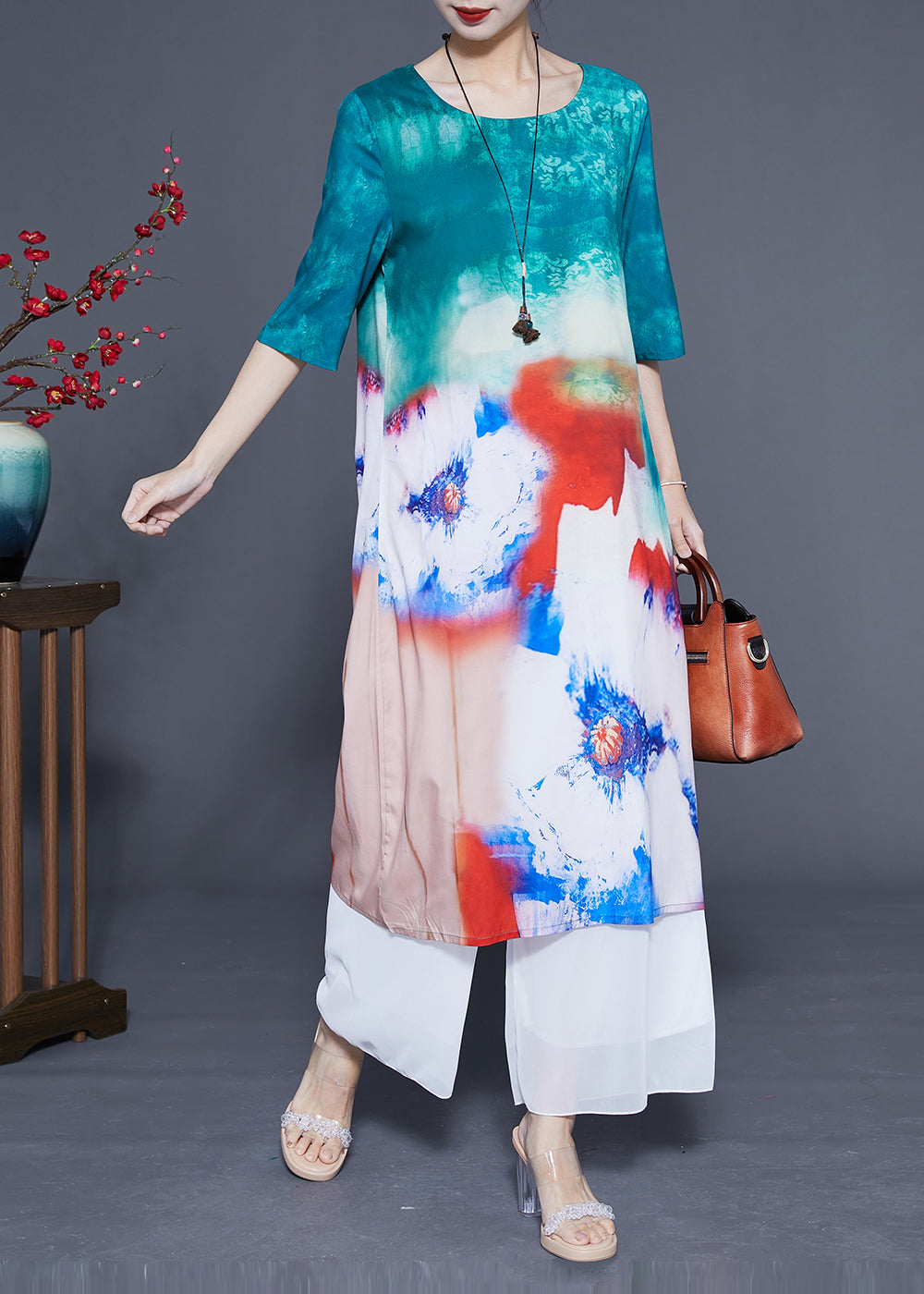 Boutique Blue O-neck Tie Dye Silk Long Dress Half Sleeve