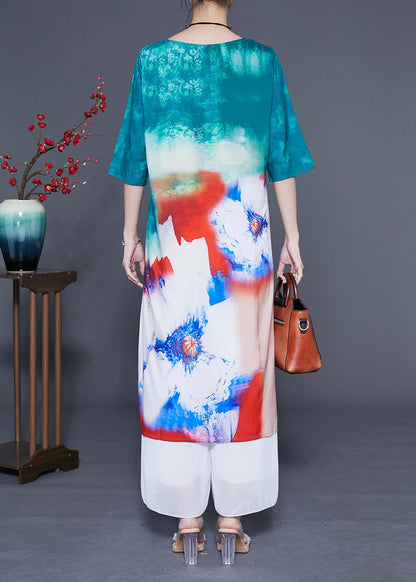 Boutique Blue O-neck Tie Dye Silk Long Dress Half Sleeve