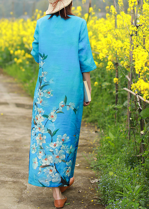 Boutique Blue O-neck Side Open Print Linen Long Dresses Half Sleeve