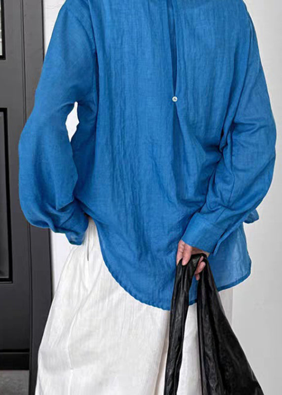 Boutique Blue Patchwork Button Solid Shirt Spring