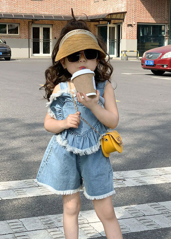 Boutique Blue Patchwork Cotton Love Slip Vest and Shorts Two Pieces Set Summer