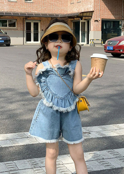 Boutique Blue Patchwork Cotton Love Slip Vest and Shorts Two Pieces Set Summer