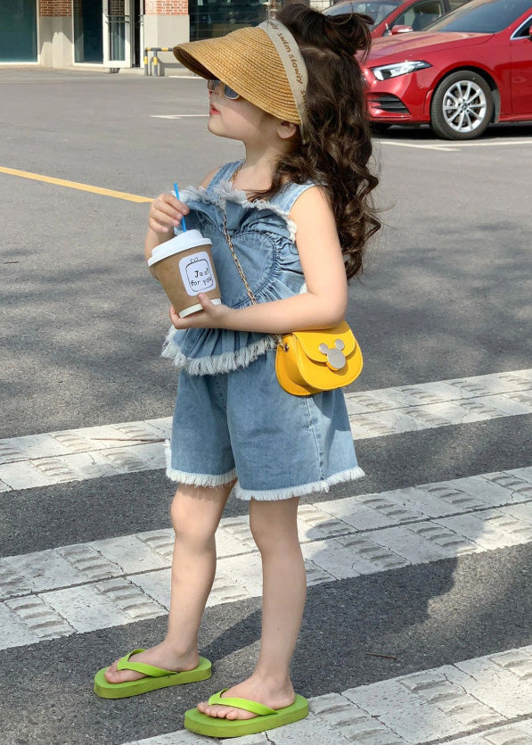 Boutique Blue Patchwork Cotton Love Slip Vest and Shorts Two Pieces Set Summer