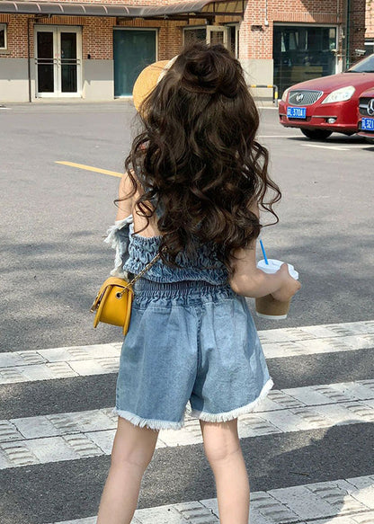 Boutique Blue Patchwork Cotton Love Slip Vest and Shorts Two Pieces Set Summer