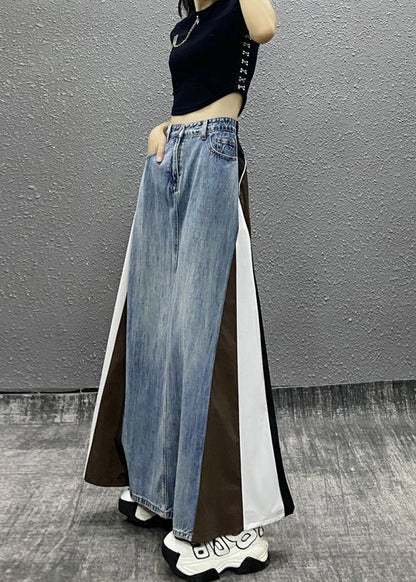 Boutique Blue Pockets Striped Patchwork Denim a Line Skirts Fall