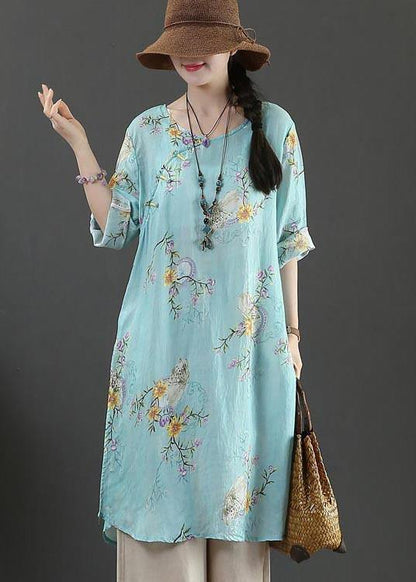 Boutique Blue Print Half Sleeve Long Linen Summer Tops