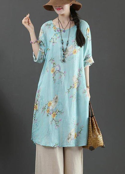 Boutique Blue Print Half Sleeve Long Linen Summer Tops