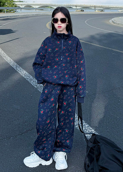 Boutique Blue Print Warm Fleece Sweatshirt and Pants Two Pieces Set Spring