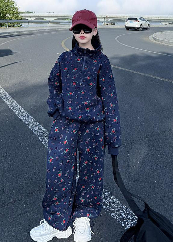 Boutique Blue Print Warm Fleece Sweatshirt and Pants Two Pieces Set Spring
