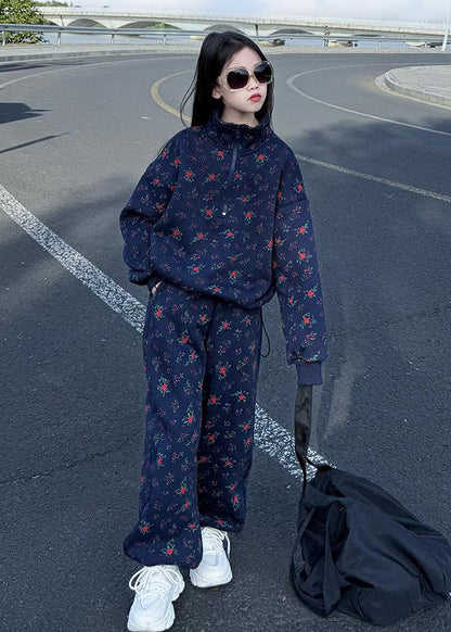 Boutique Blue Print Warm Fleece Sweatshirt and Pants Two Pieces Set Spring