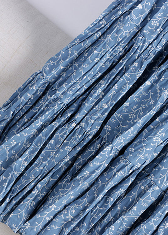 Boutique Blue Print Wrinkled Elastic Waist a Line Skirt Fall