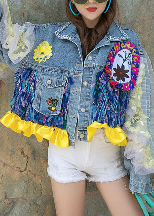 Boutique Blue Ruffled Pockets Decorated Patchwork Denim Short Coat Spring
