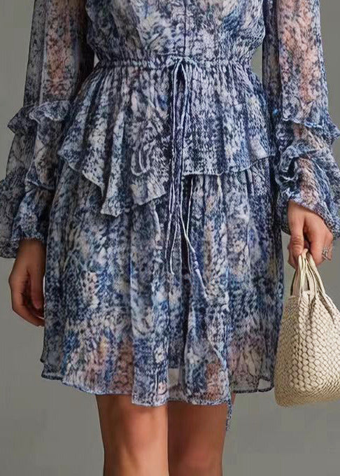 Boutique Blue Ruffled Print Chiffon Cinched Dresses Spring