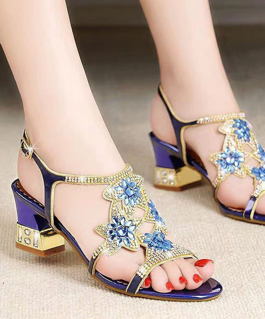 Boutique Blue Sandals Buckle Strap Peep Toe Splicing Zircon