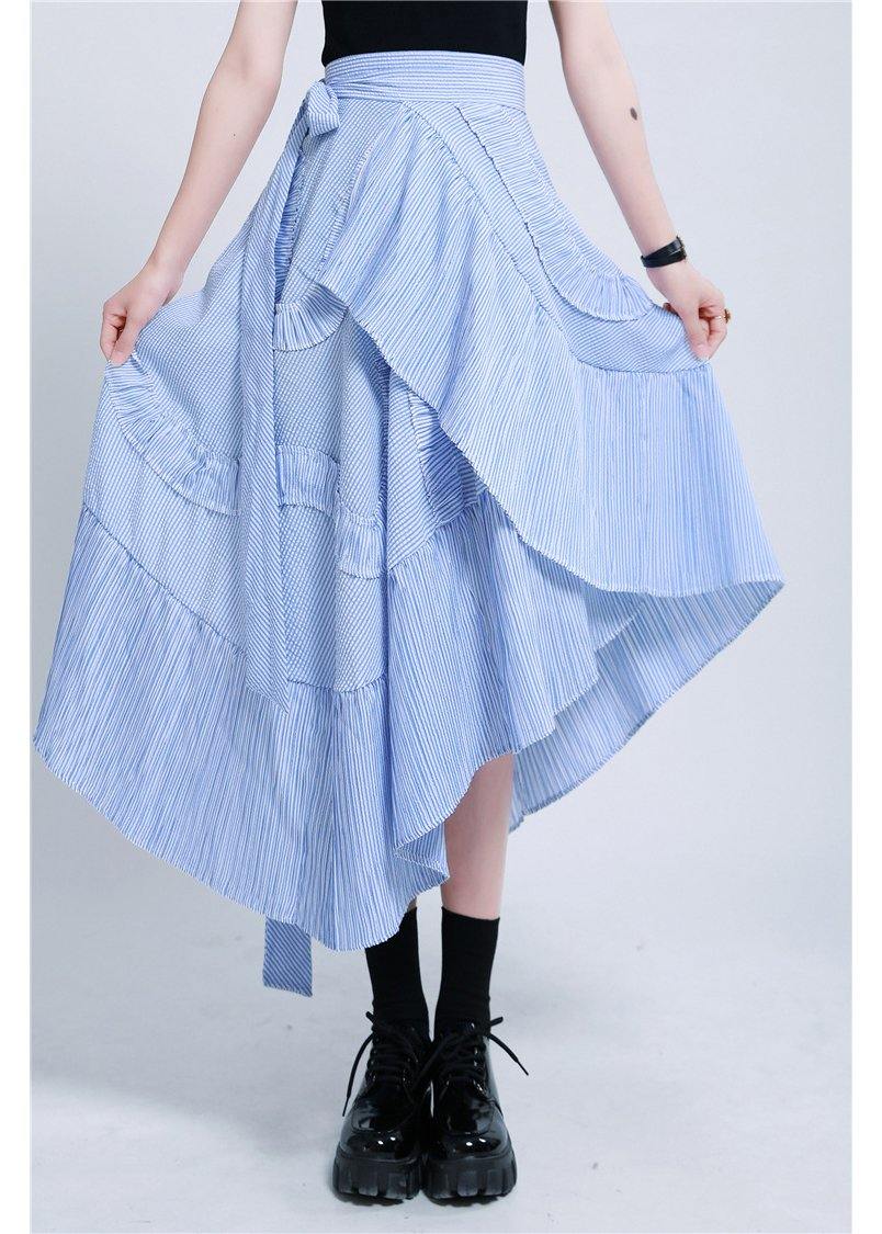 Boutique Blue Striped Tie Waist Ruffled Skirt Summer