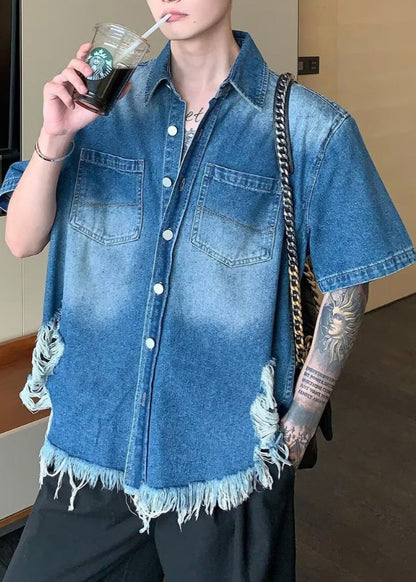 Boutique Blue Tasseled Patchwork Denim Shirts Summer