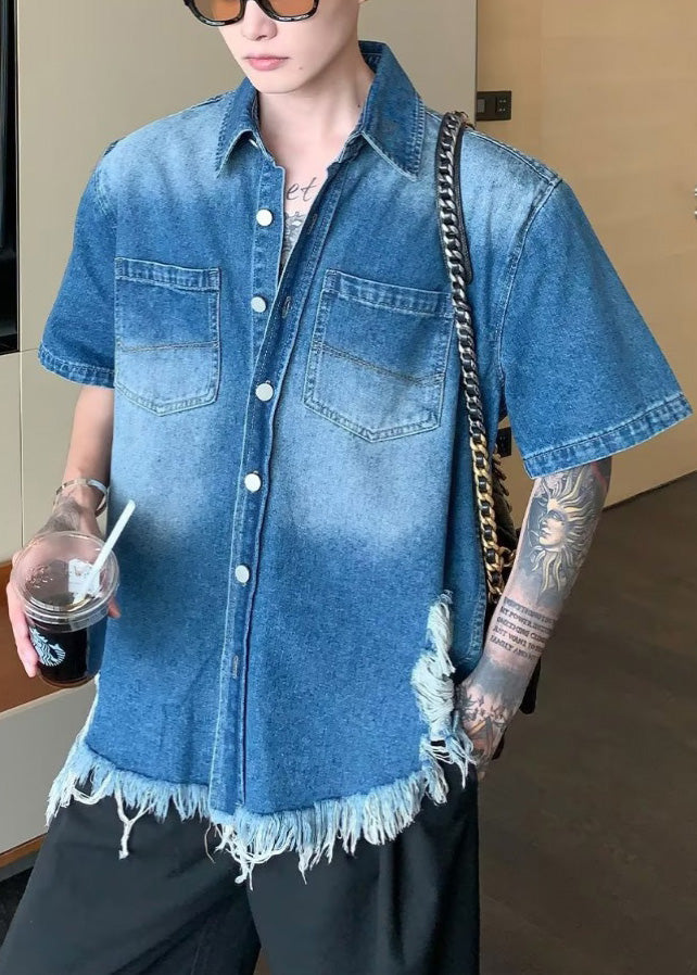 Boutique Blue Tasseled Patchwork Denim Shirts Summer