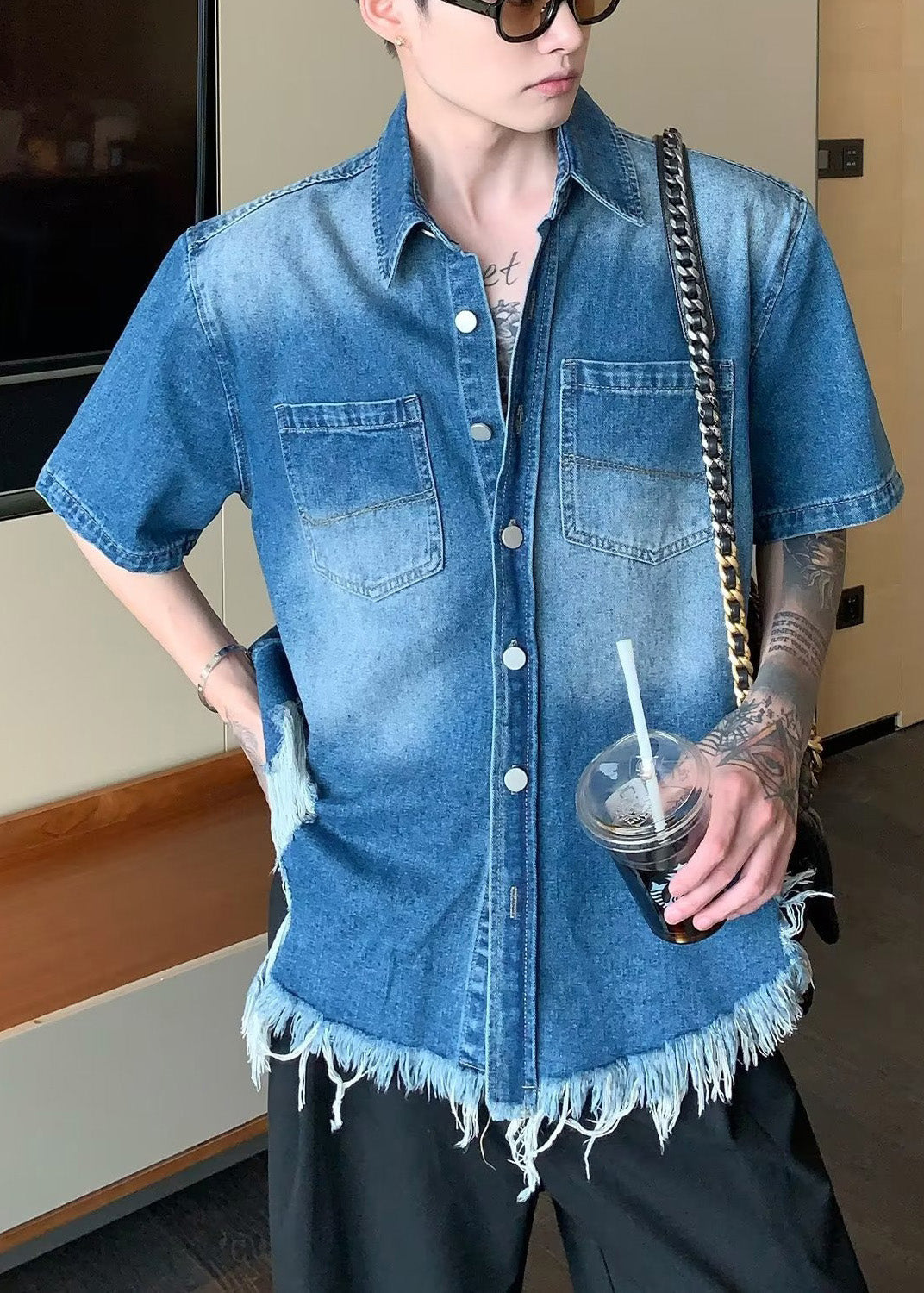 Boutique Blue Tasseled Patchwork Denim Shirts Summer