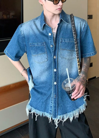 Boutique Blue Tasseled Patchwork Denim Shirts Summer