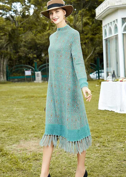 Boutique Blue Tasseled Print Patchwork Woolen Knit Dress Fall