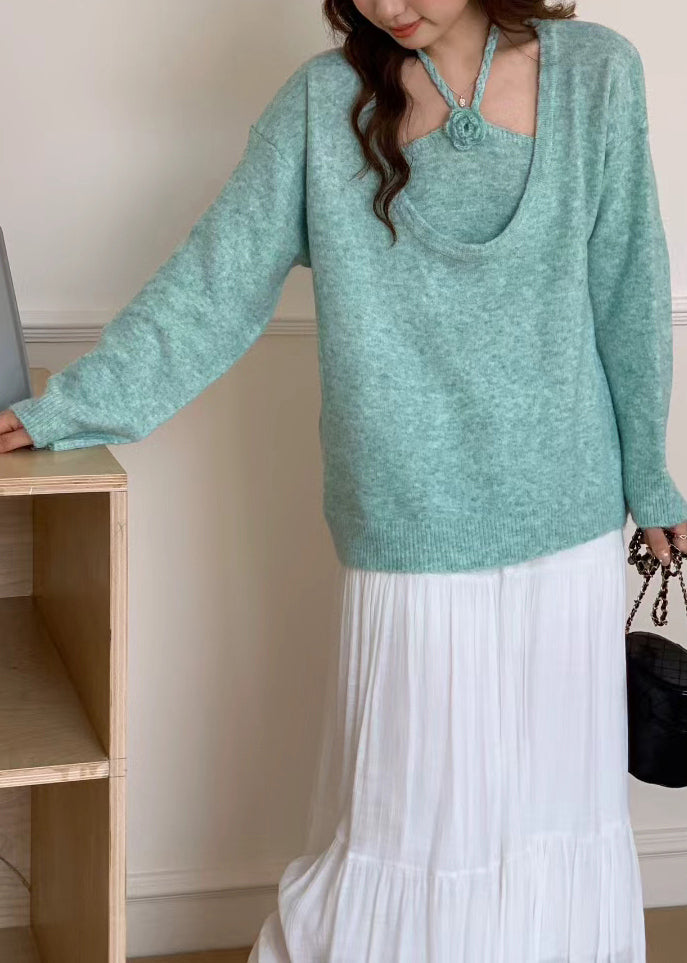 Boutique Blue U Neck Knit Sweaters Two Piece Set Winter