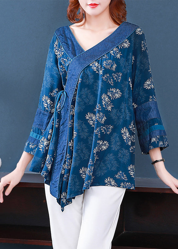 Boutique Blue Tie Waist Asymmetrical Design V Neck Print Patchwork Cotton Top Three Quarter Sleeve