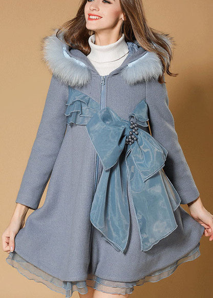 Boutique Blue Zippered Bow Fur Collar Fall Woolen Parka