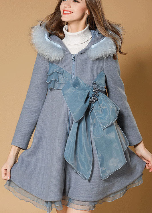 Boutique Blue Zippered Bow Fur Collar Fall Woolen Parka