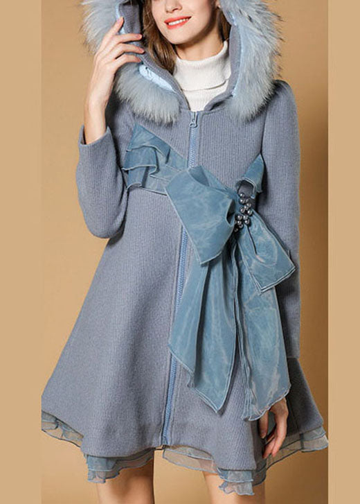 Boutique Blue Zippered Bow Fur Collar Fall Woolen Parka