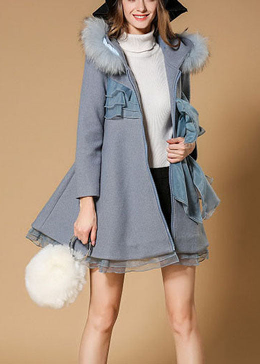 Boutique Blue Zippered Bow Fur Collar Fall Woolen Parka