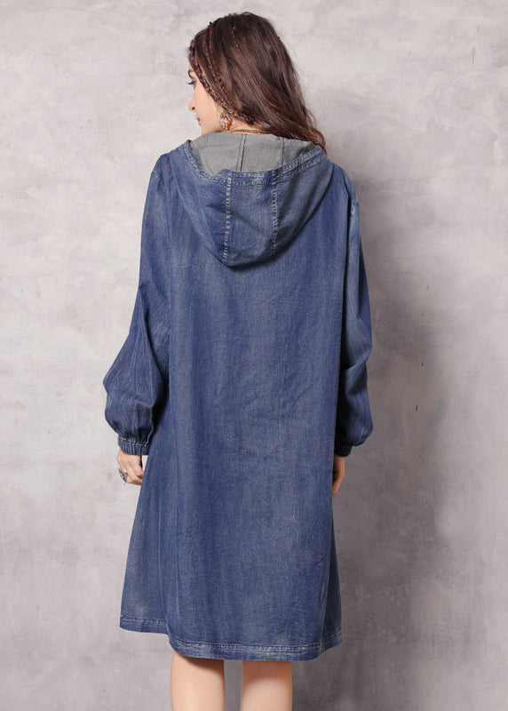 Boutique Blue Zippered Hooded Embroideried Pockets Denim Trench Coats Spring