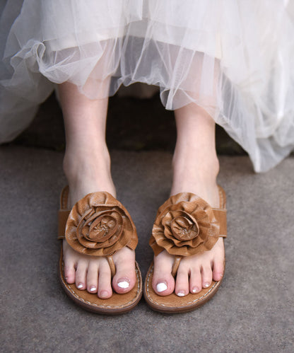 Boutique Brown Cowhide Leather Flip Flops Splicing