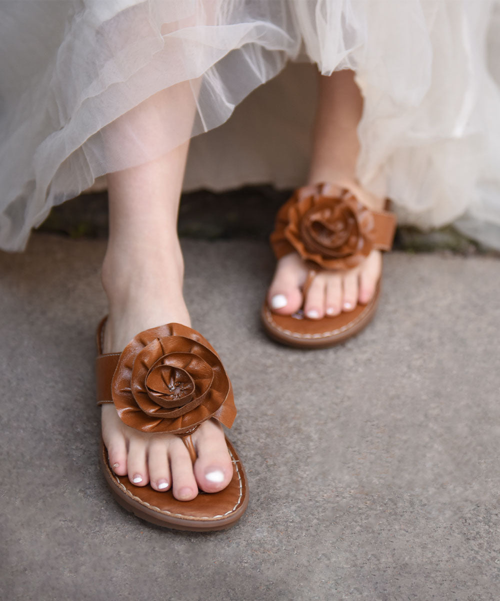 Boutique Brown Cowhide Leather Flip Flops Splicing