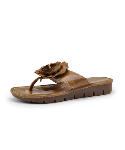 Boutique Brown Cowhide Leather Flip Flops Splicing
