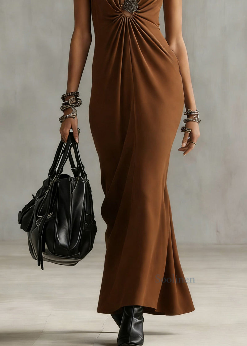 Boutique Brown Hollow Out Wrinkled Maxi Dress Sleeveless