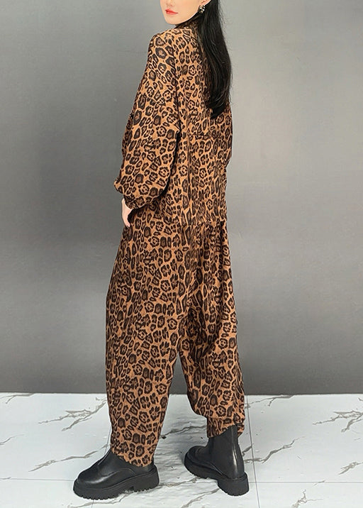 Boutique Brown Leopard Print Tops and Pants Cotton Two Pieces Set Fall