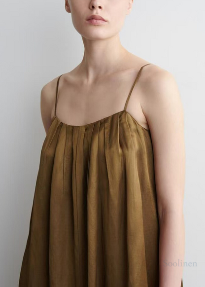 Boutique Brown Oversized Wrinkled Linen Spaghetti Strap Dress Summer