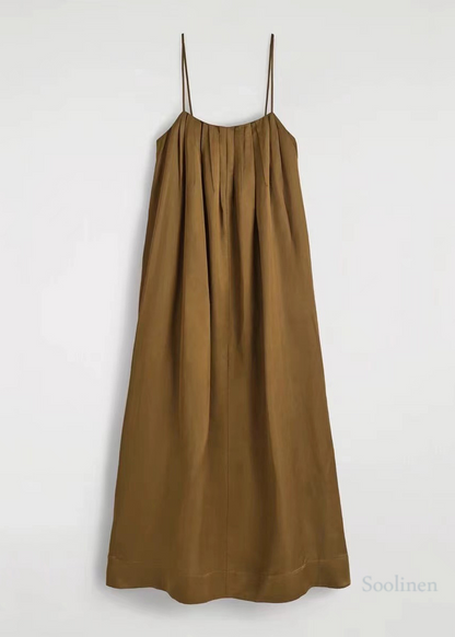 Boutique Brown Oversized Wrinkled Linen Spaghetti Strap Dress Summer