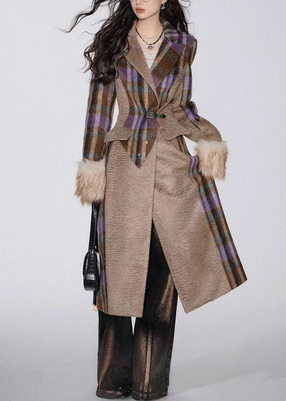 Boutique Brown Plaid Notched Patchwork Woolen Trench Spring