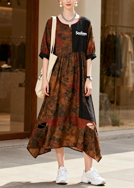Boutique Brown Print Patchwork Cotton Ripped Dress Summer