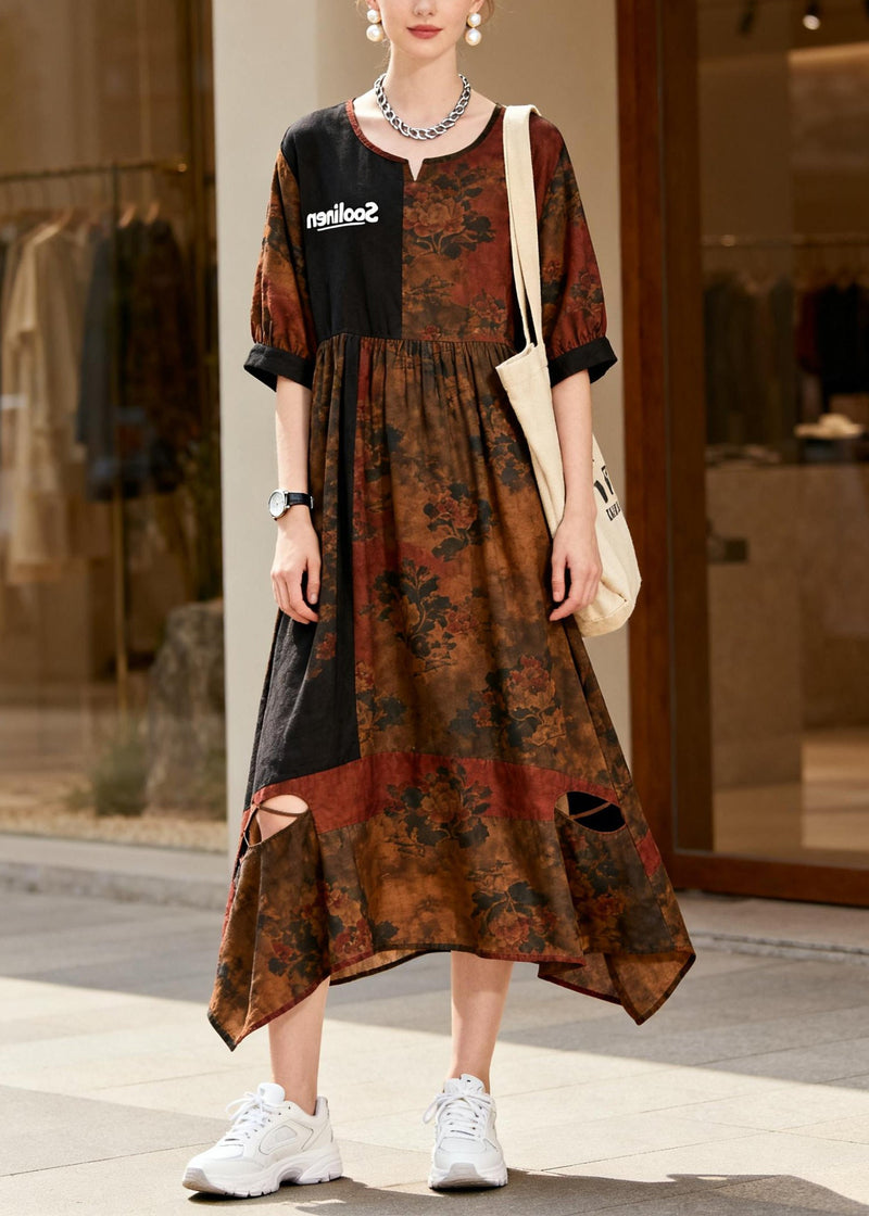 Boutique Brown Print Patchwork Cotton Ripped Dress Summer