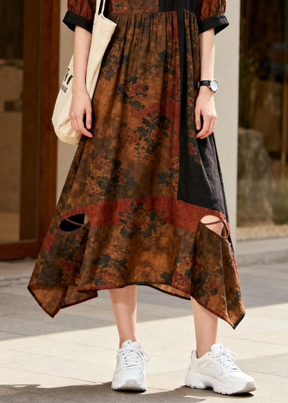 Boutique Brown Print Patchwork Cotton Ripped Dress Summer