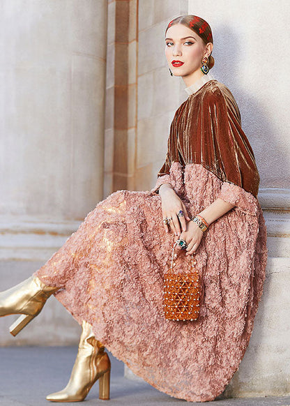 Boutique Brown Stand Collar Patchwork Hollow Out Silk Velour Long Dress Long Sleeve