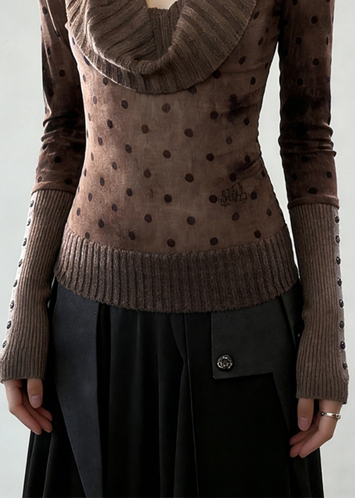 Boutique Brown Turtle Neck Patchwork Cotton Shirt Top Spring