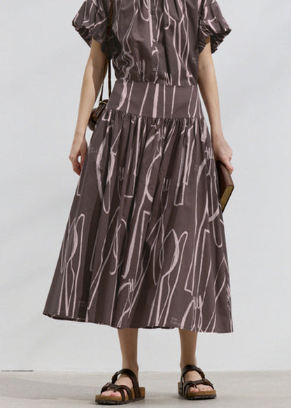 Boutique Brown Wrinkled Print Patchwork Cotton Skirts Summer