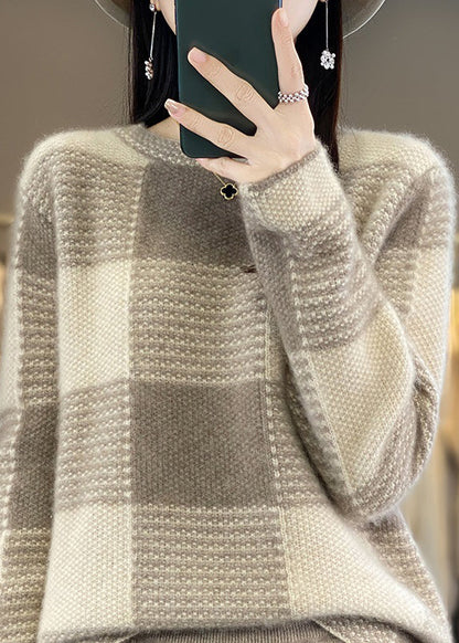 Boutique Camel O-neck Plaid Patchwork Cashmere Knit Sweater Tops Spring