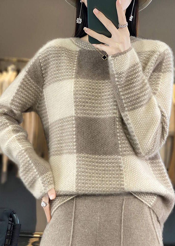 Boutique Camel O-neck Plaid Patchwork Cashmere Knit Sweater Tops Spring