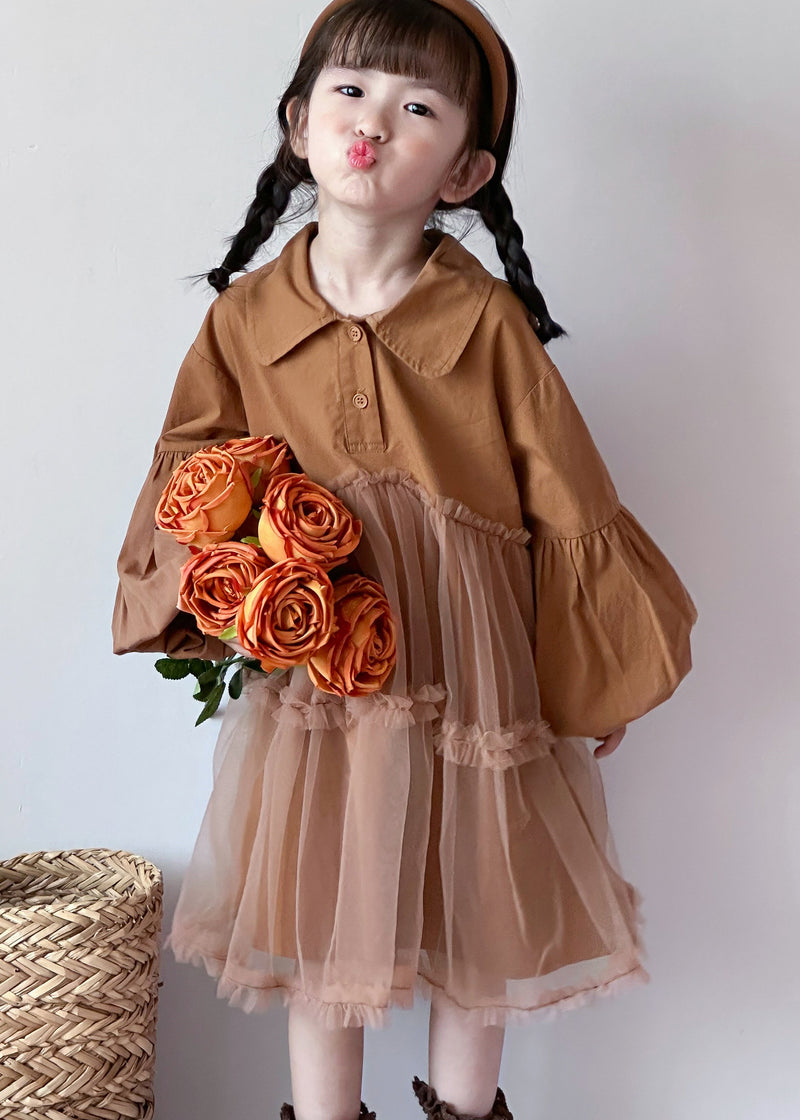 Boutique Caramel Peter Pan Collar Tulle Patchwork Cotton Baby Dress Fall